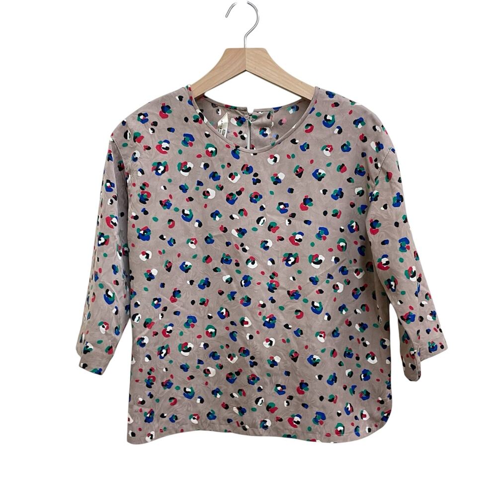 Vintage BALENCIAGA Paris Tan Abstract Print Womens 3/4 Sleeve Satin Shirt Blouse